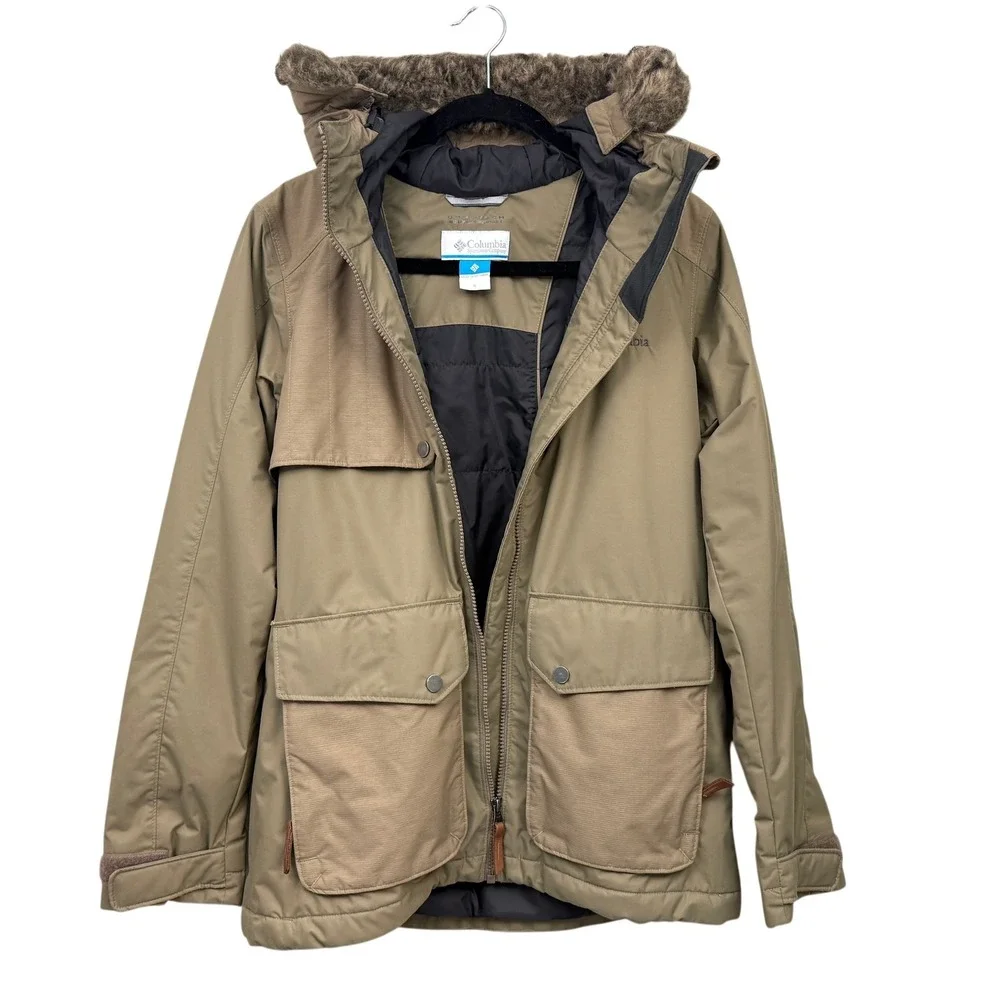 Columbia Omni-Tech Women's Tan Faux Fur Hooded Waterproof Ski Snow Jacket Size S